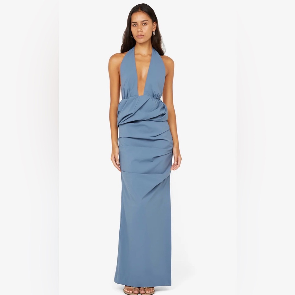 Bec & Bridge Priscilla Bubble Maxi Dress - Dusty Blue Halter Plunge Maxi Dress